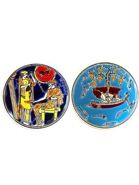 Vintage Niarchos Greece Handpainted Ceramic Tile Coasters Set of 2 Boat Gods